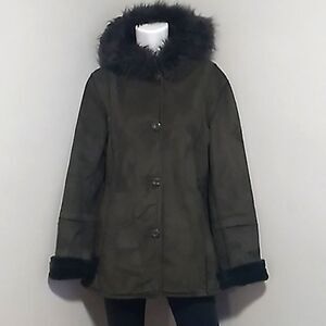 Fitz-Wright Olive Green Suede Furry Hood Coat. Size Medium